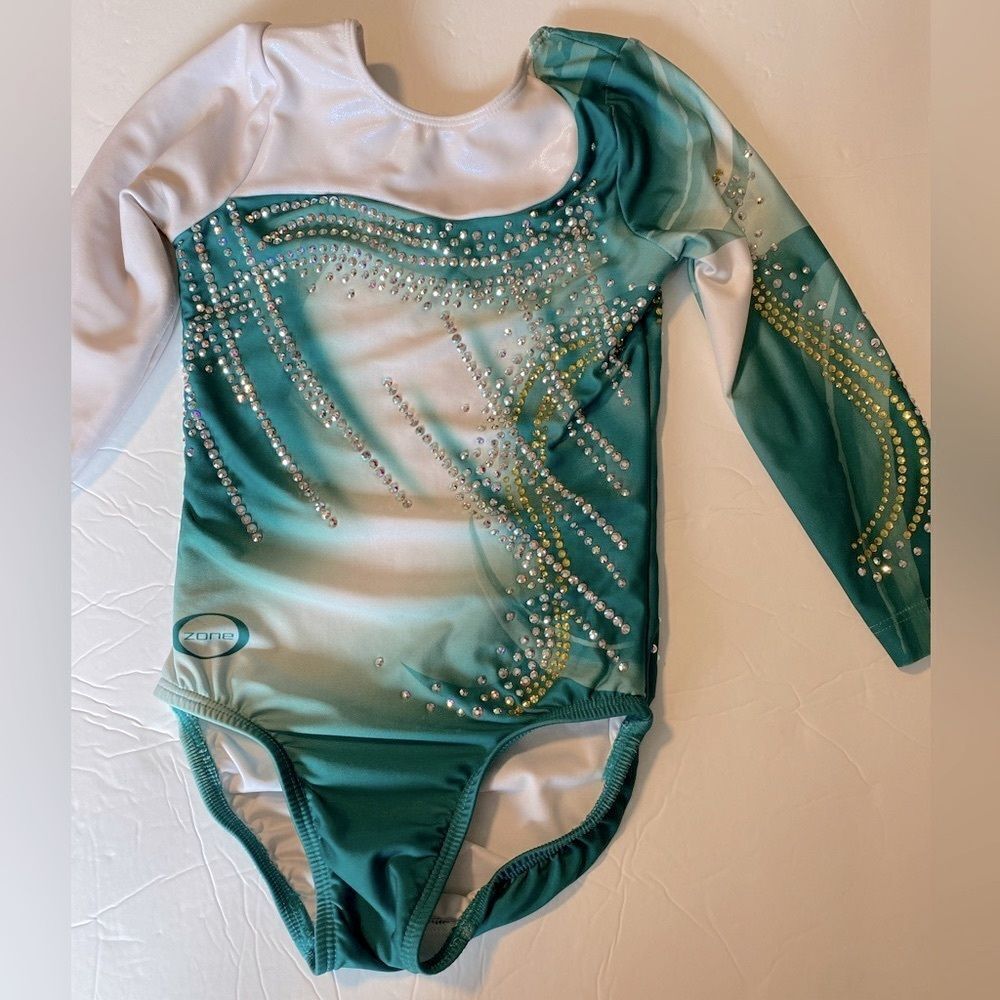 Ozone gymnastics green teal ombre rhinestoned collectible custom leotard YM MC